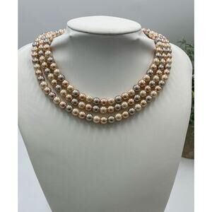 Carolee Three Strand Peach Gray Pearl Necklace Gold Tone Clasp With Pave Crystal